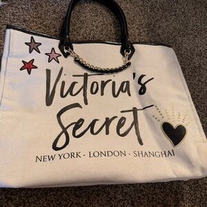Victoria's Secret White and Black Canvas Tote Bag-NEW